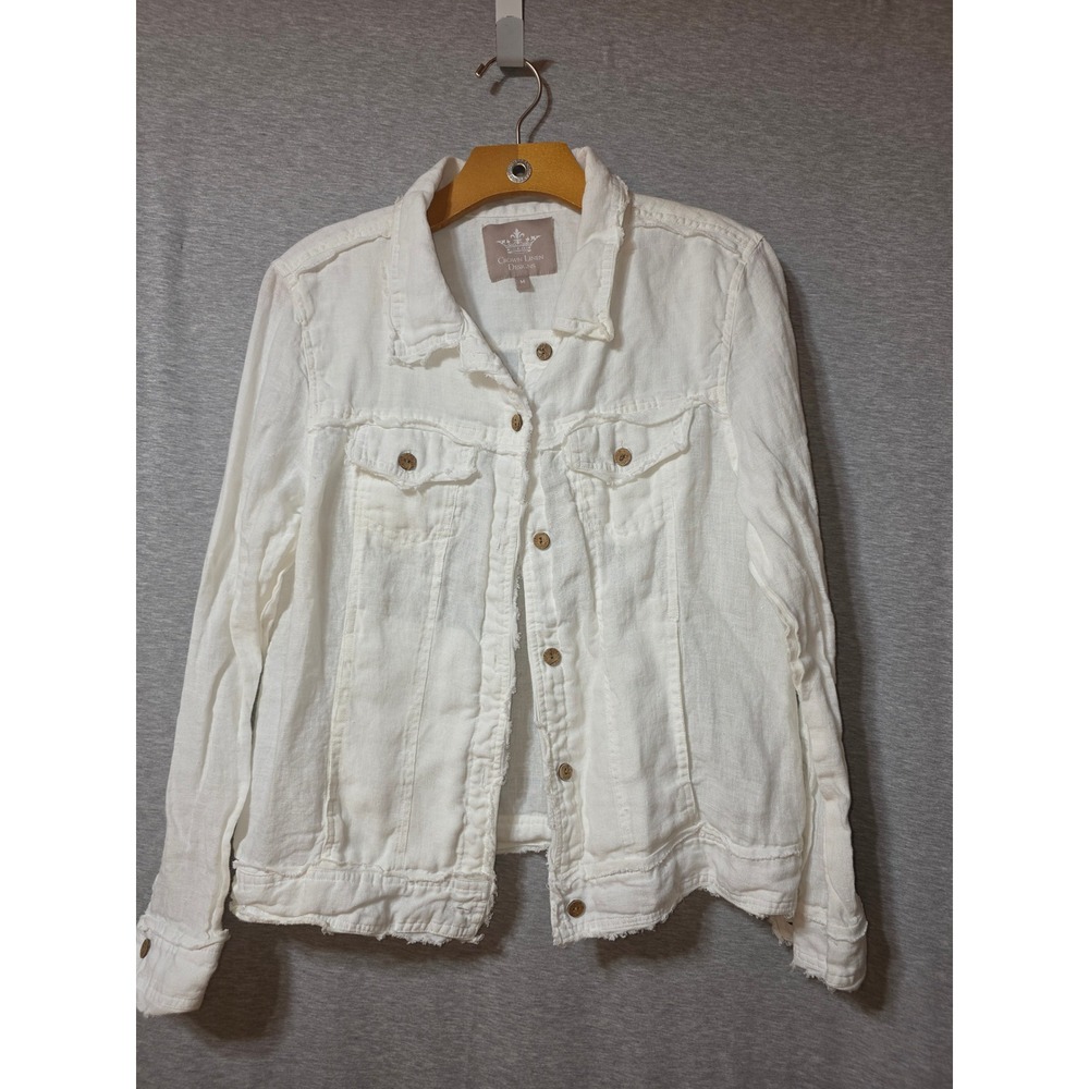 Crown Linen Designs White 100% Linen Frayed Edge Button Front Jacket Womens M